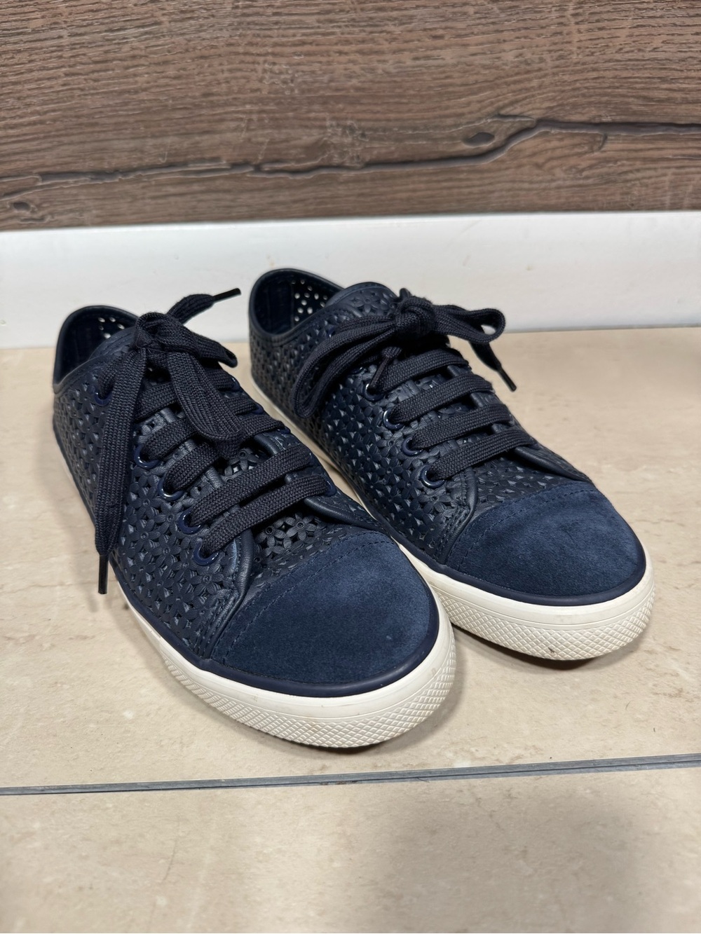 Tory Burch Navy Perforated Lace-Up Sneakers